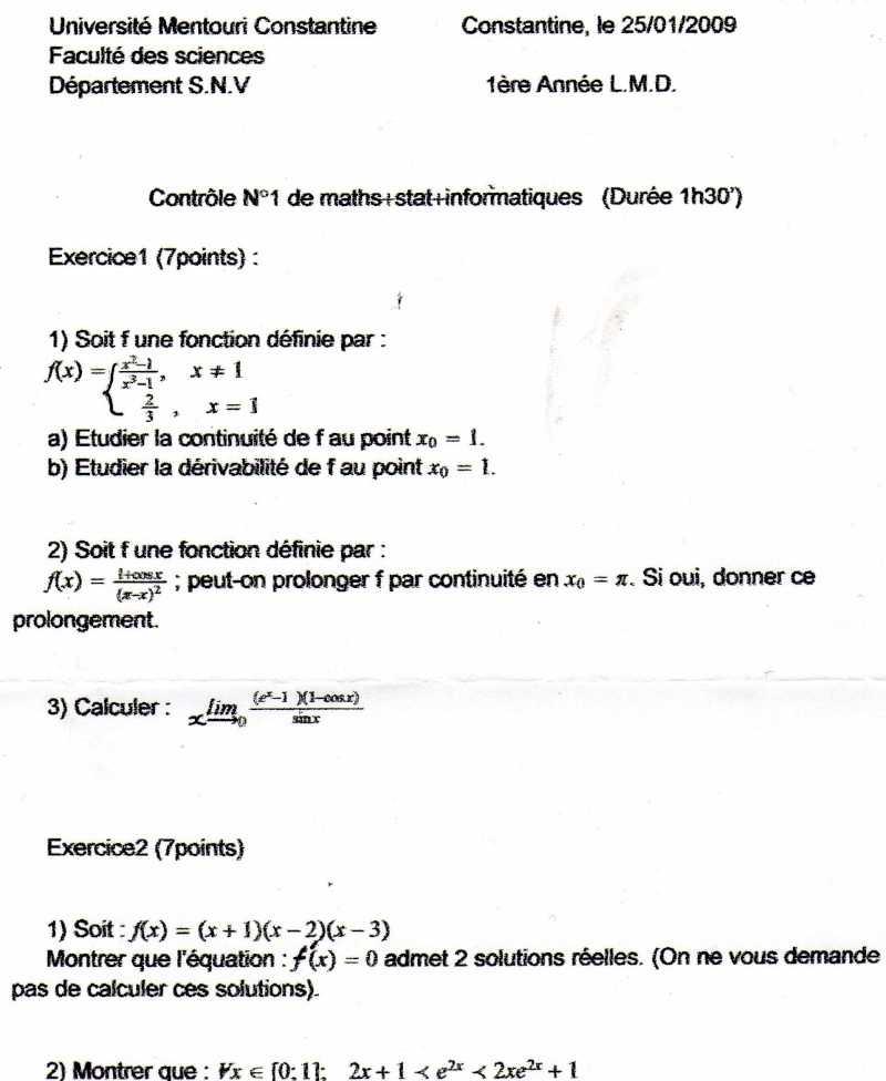 Controle De Math 1ére Année LMD à Constantine