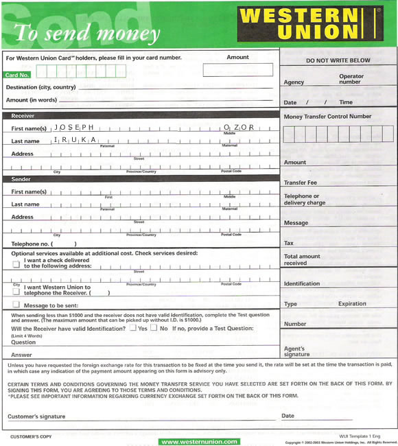  GUIDE How to fill up the WESTERN UNION FORM 