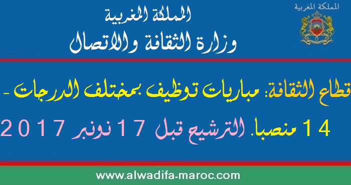 وزارة الثقافة والاتصال- قطاع الثقافة: مباريات توظيف بمختلف الدرجات - 14 منصبا. الترشيح قبل 17 نونبر 2017