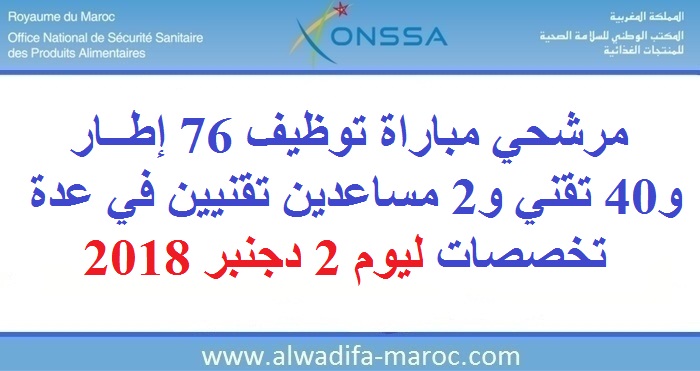 المكتب الوطني للسلامة الصحية للمنتجات الغذائية: مرشحي مباراة توظيف 76 إطار و40 تقني و2 مساعدين تقنيين في عدة تخصصات ليوم 2 دجنبر 2018